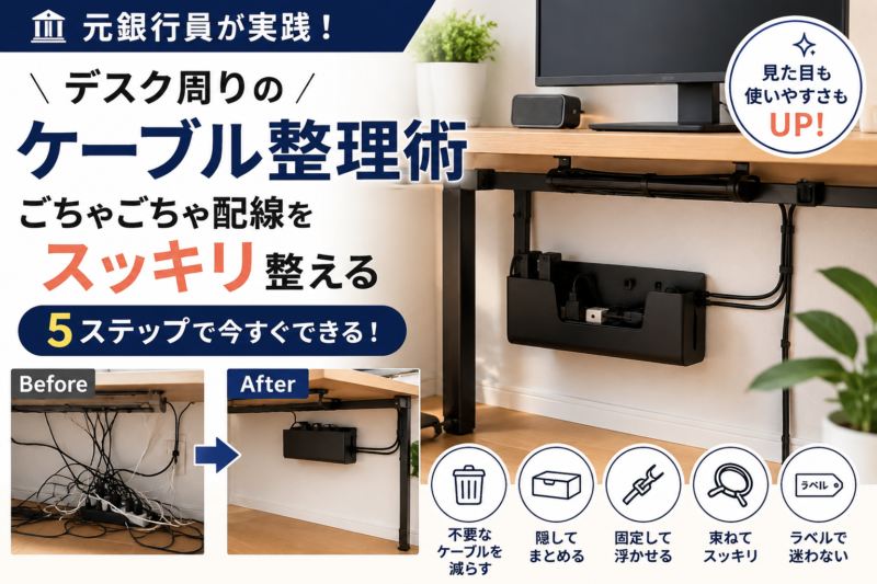 デスク周りのごちゃごちゃしたケーブルを5ステップで整理した配線整理術
