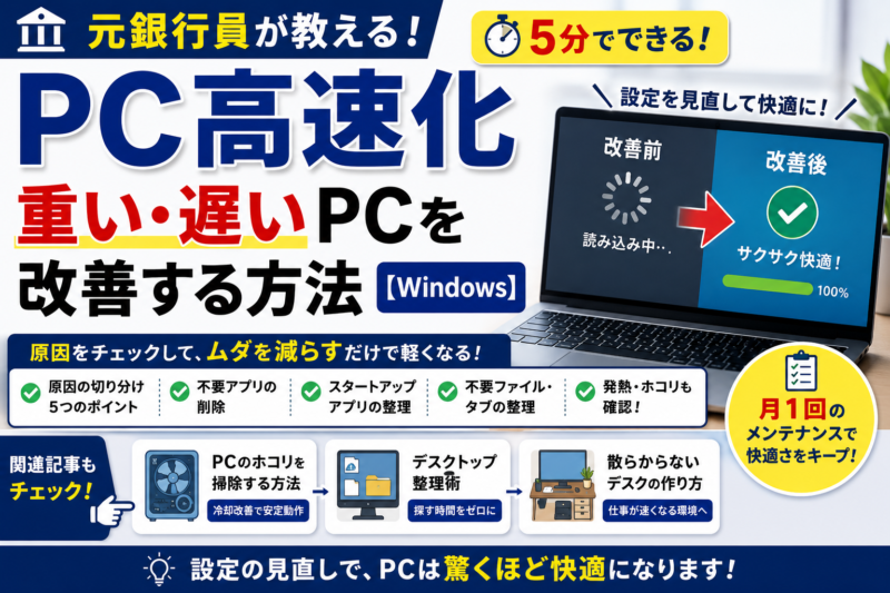 重いPCを改善するWindowsのPC高速化方法を紹介するアイキャッチ